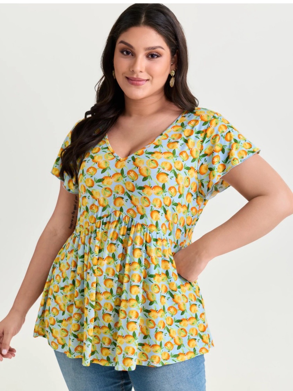 NWOT BloomChic 30 Yellow Citrus Print V‑Neck Peplum Top